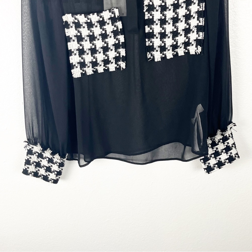 ZARA Black Sheer Buffalo Plaid Pockets Back Panel Cuff Long Sleeve Button Top - Picture 3 of 11